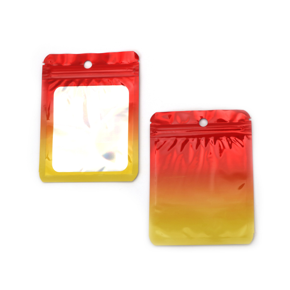 Pungi zip din celofan curcubeu, asortate (mix roșu și galben), 9x12 cm, cu fereastră și spate de culoare argintie – ambalaj strălucitor, durabil și atrăgător, set de 100 bucăți