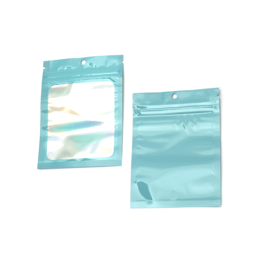 Pungi zip din celofan curcubeu albastru 9x12 cm, cu fereastră și spate culoare argintie – ambalaj elegant, rezistent și atrăgător, set 50 bucăți