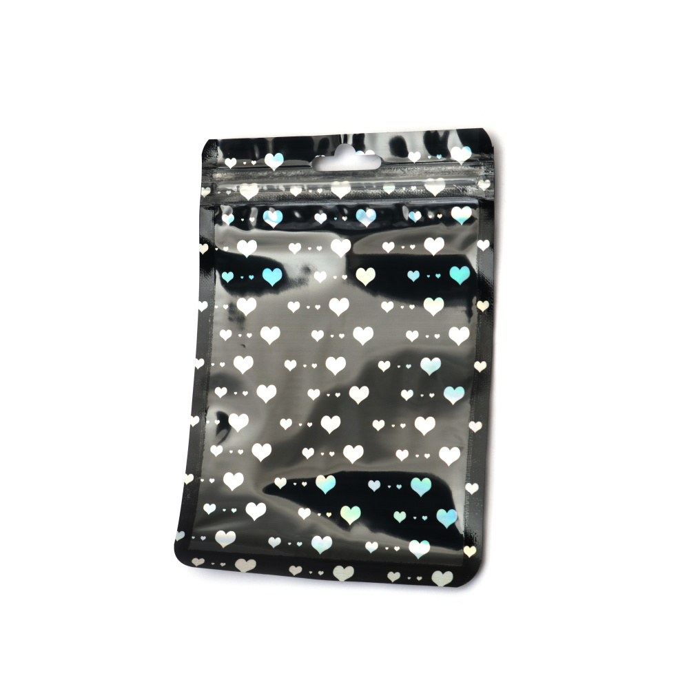 Pungi Zip Resigilabile din Celofan Negre 10,5x15 cm cu Inimioare Curcubeu – Ambalaje Trendy, Durabile și Atragătoare, Set de 100