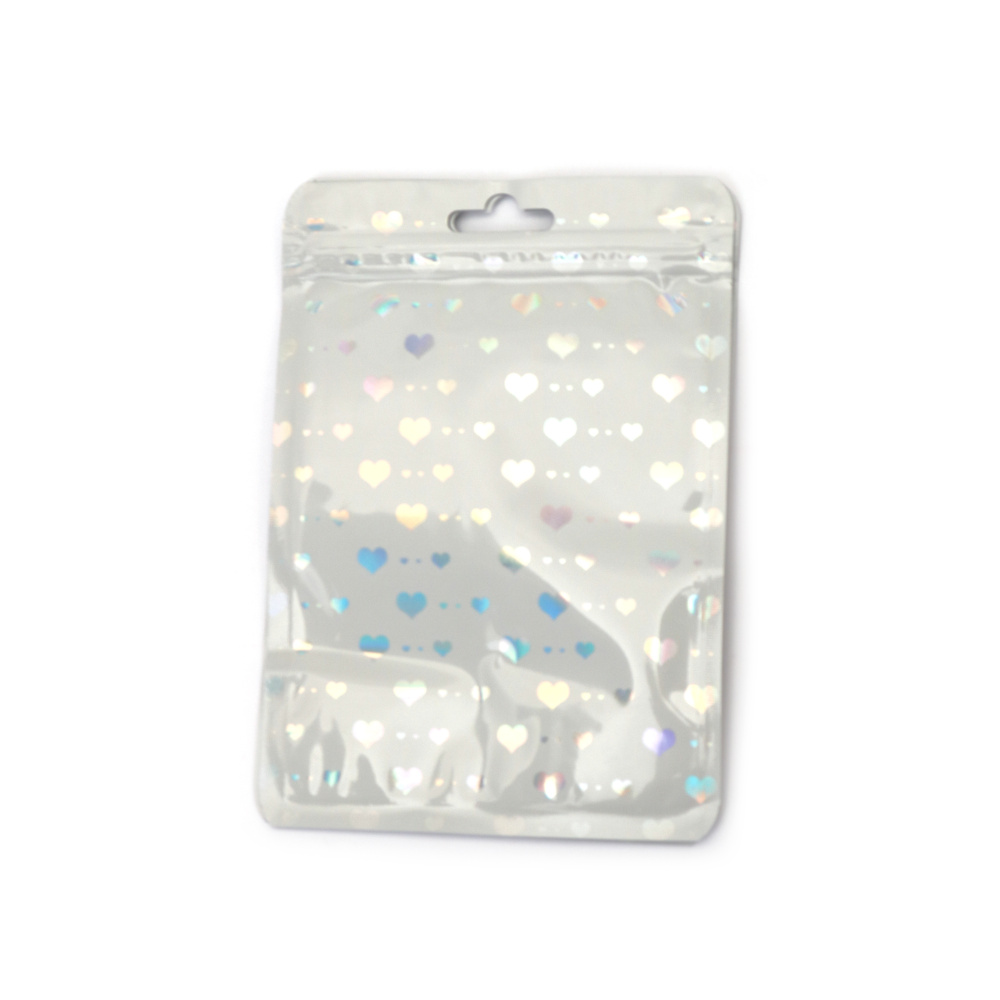 Pungi zip resigilabile din celofan alb, 10,5 x 15 cm, cu inimioare curcubeu – drăguțe, rezistente, ambalaj atrăgător, set 100 buc.