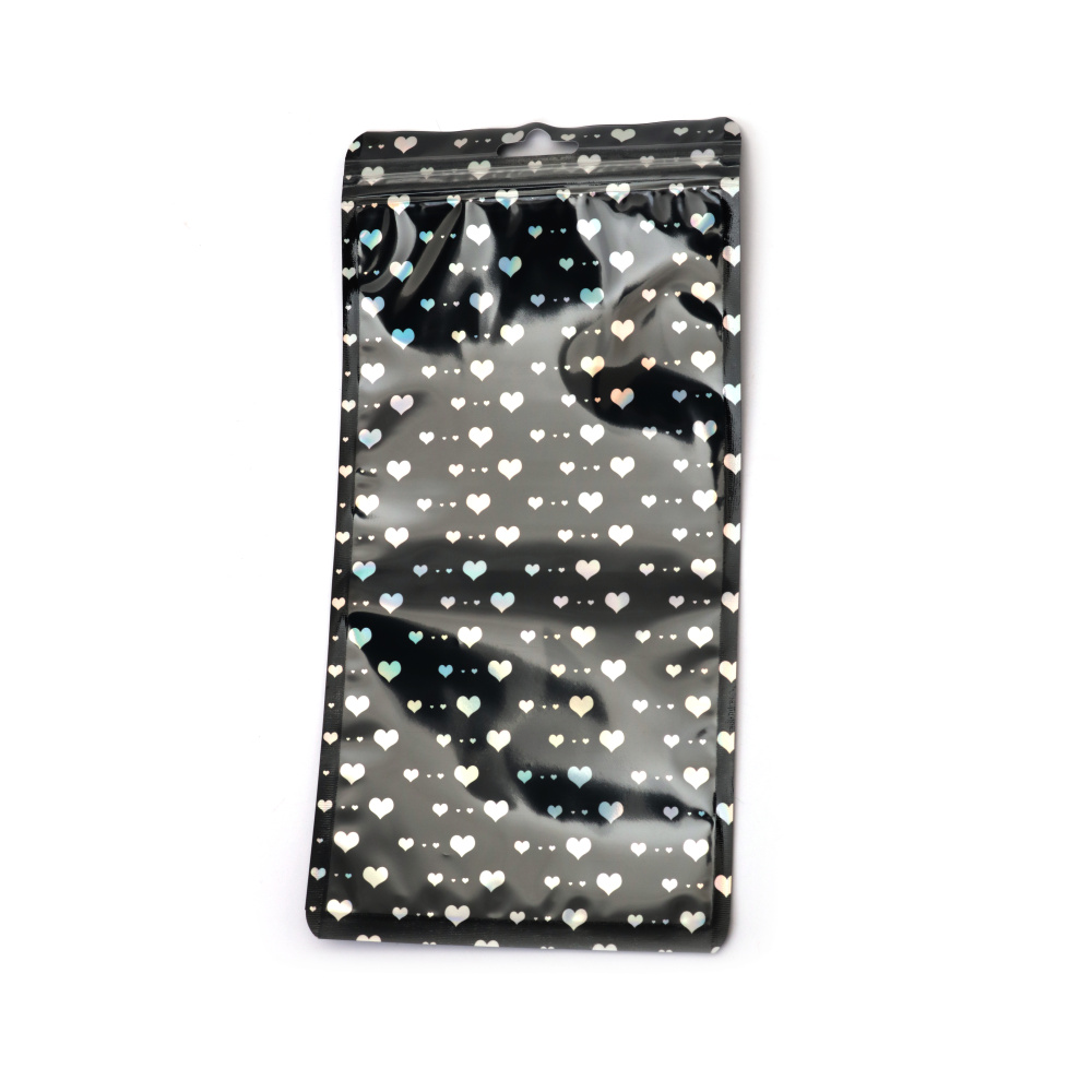 Pungi zip din celofan negre 12x24 cm cu inimi curcubeu – ambalaj elegant, durabil și atrăgător, set 50 bucăți