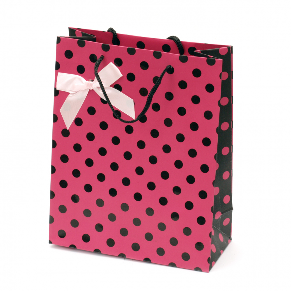 Торбичка подаръчна от картон 19.6x24.5x8.8 см розова с черни точки
