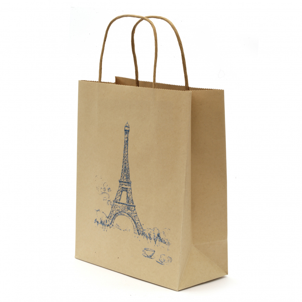 Торбичка подаръчна от крафт хартия 25x20x10 см с щампа Айфеловата кула