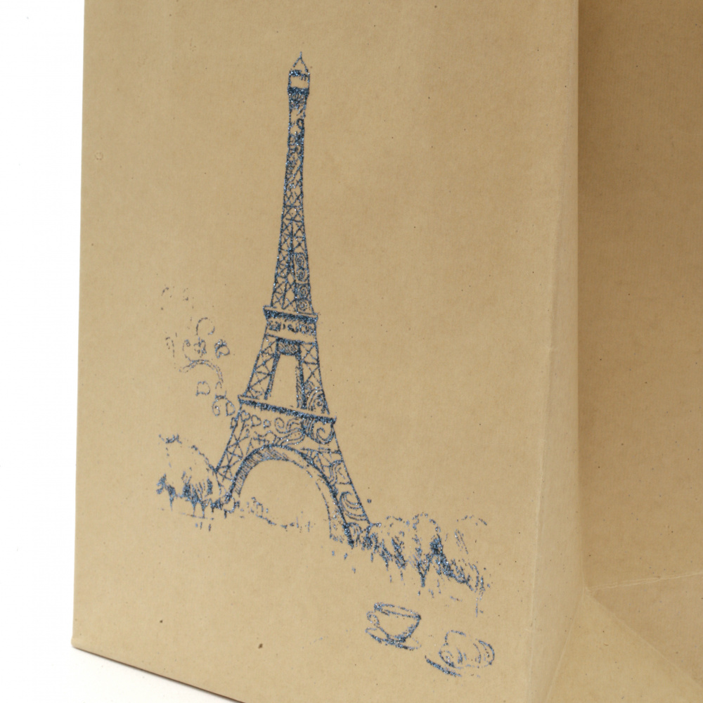 Gift Bag made of Craft Paper with Vintage Print / Eiffel Tower, 25x20x10 cm