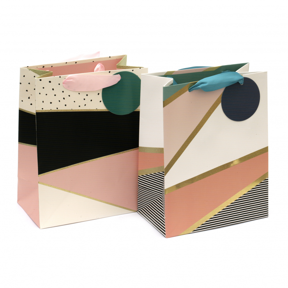 Stylish Cardboard Gift Bag with Satin Ribbon and Label, 18x23x10 cm, ASSORTED