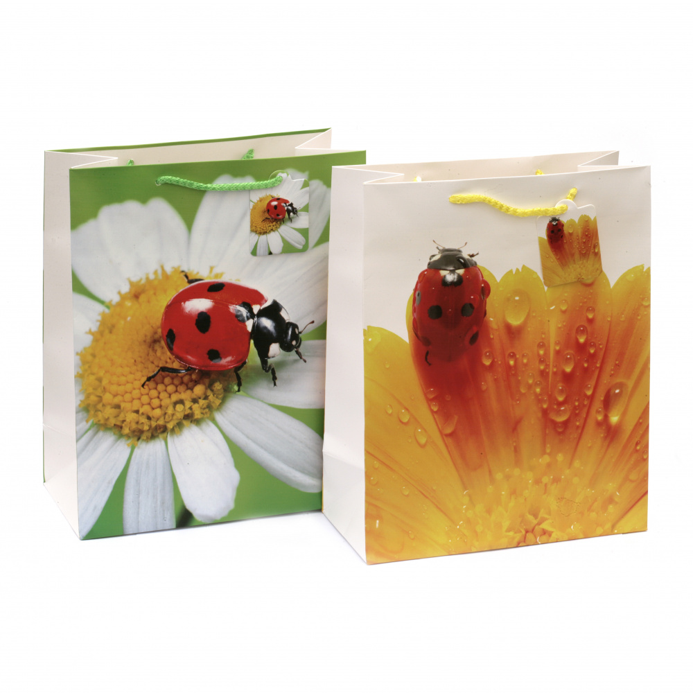 Gift Bag made of Cardboard / ASSORTED Flowers with Ladybugs, 26x32x12.5 cm