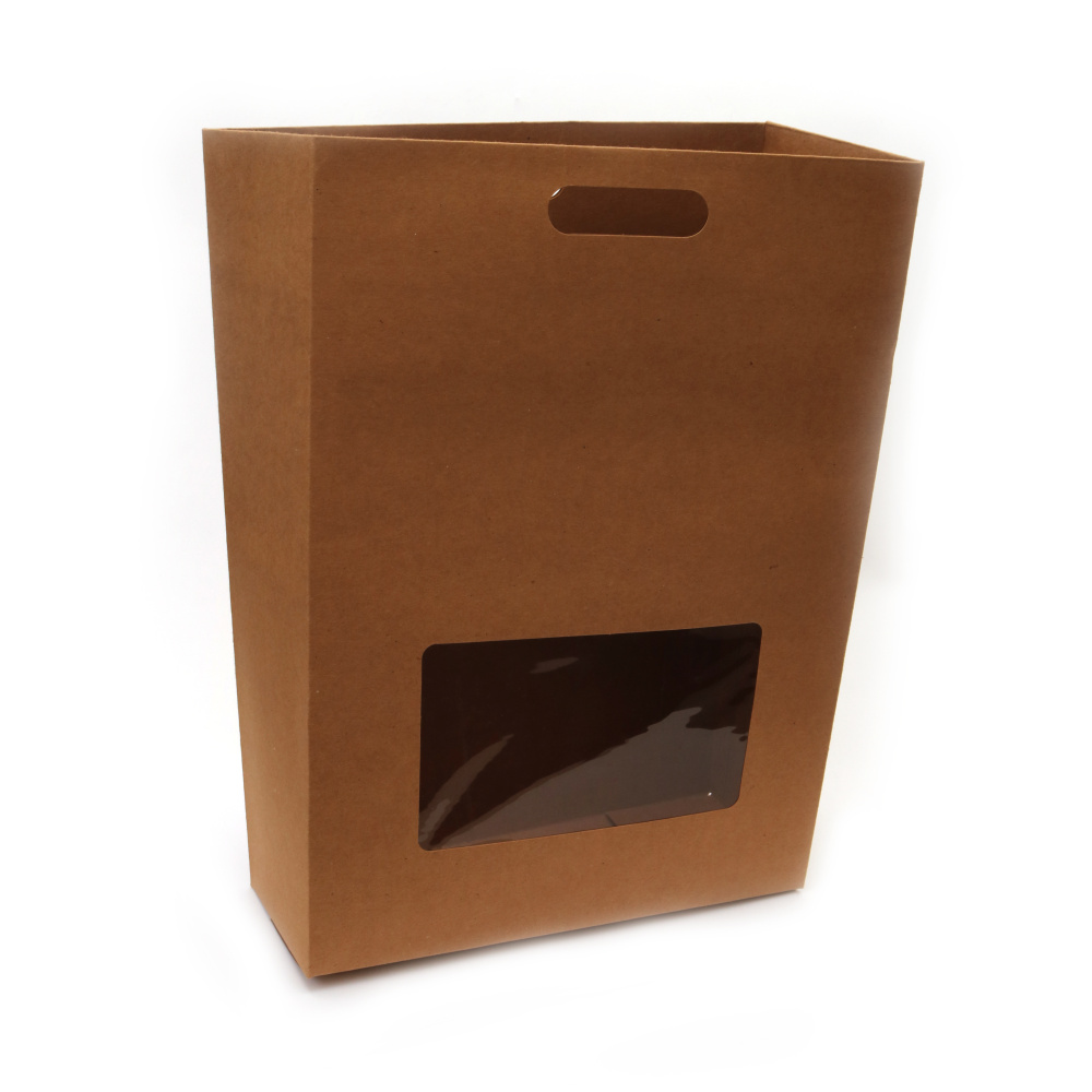 Kraft Cardboard Folding Box with Handles and PVC Window / 32x12x45 cm 