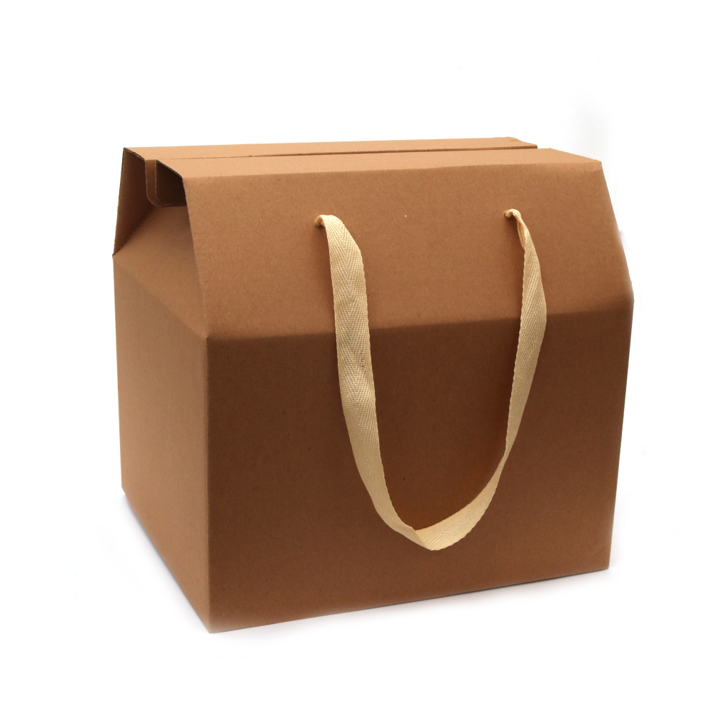 Folding Box with Handles from Corrugated Kraft Cardboard /  37x13x22 cm