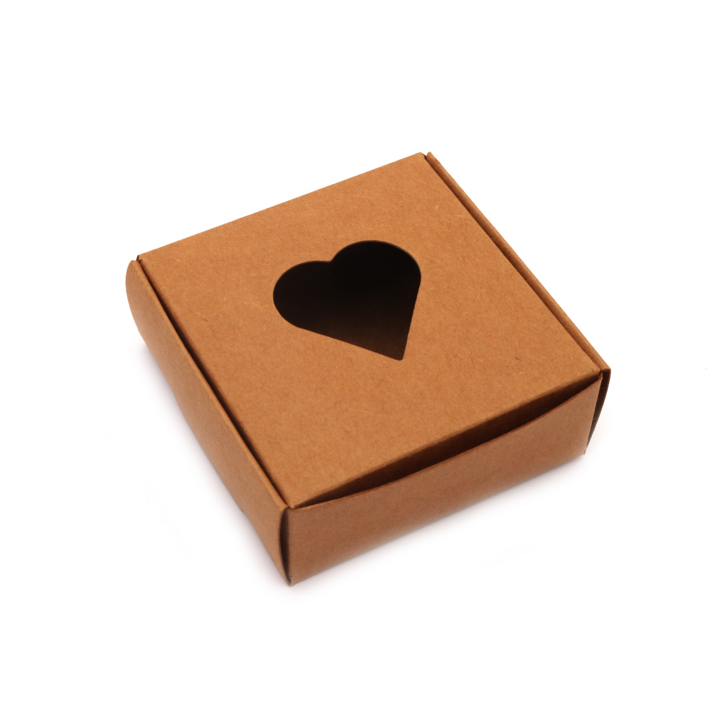 Folding Box made of Kraft Cardboard, Gift Bow with a Heart, Outer Size: 7.8x7.8x3 cm, Color: Natural Brown