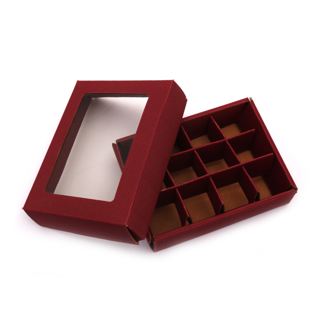 Corrugated Cardboard Folding Kraft Box with PVC Window and 12 Compartments, Outer Size: 16x12x4 cm, Color: Burgundy