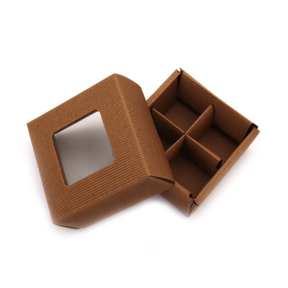 Folding box made of corrugated kraft cardboard 8x8x4 cm with PVC window and 4 compartments
