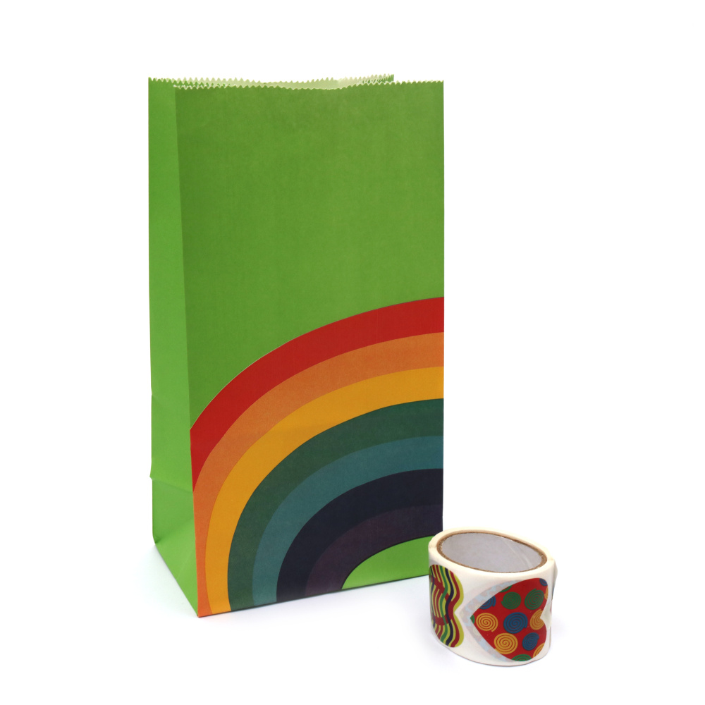 Paper Gift Bag with Bottom -  Rainbow, Heart Stickers / 12x8x20 cm / MIX 