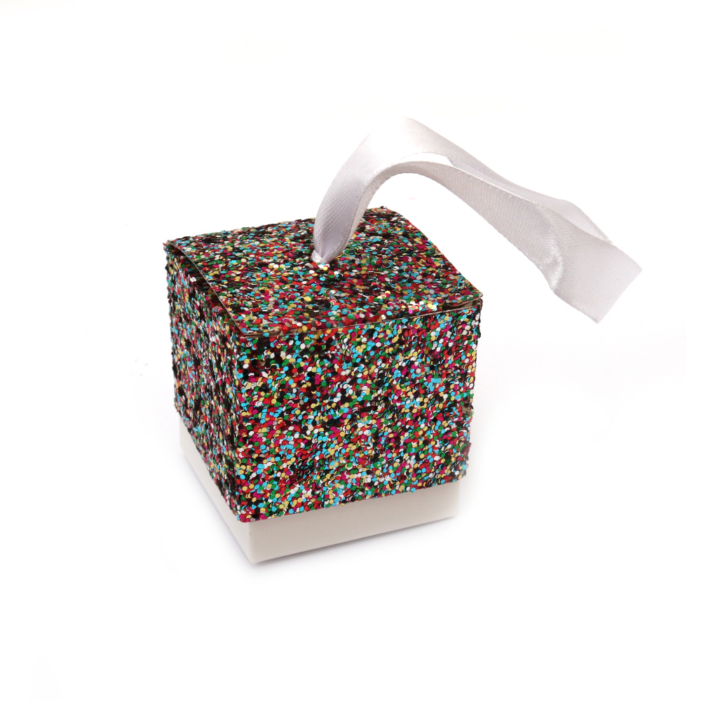 Cardboard Folding Gift Box, Color: Multicolored Glitter Brocade, Outer Size: 5x5x5cm, With Ribbon