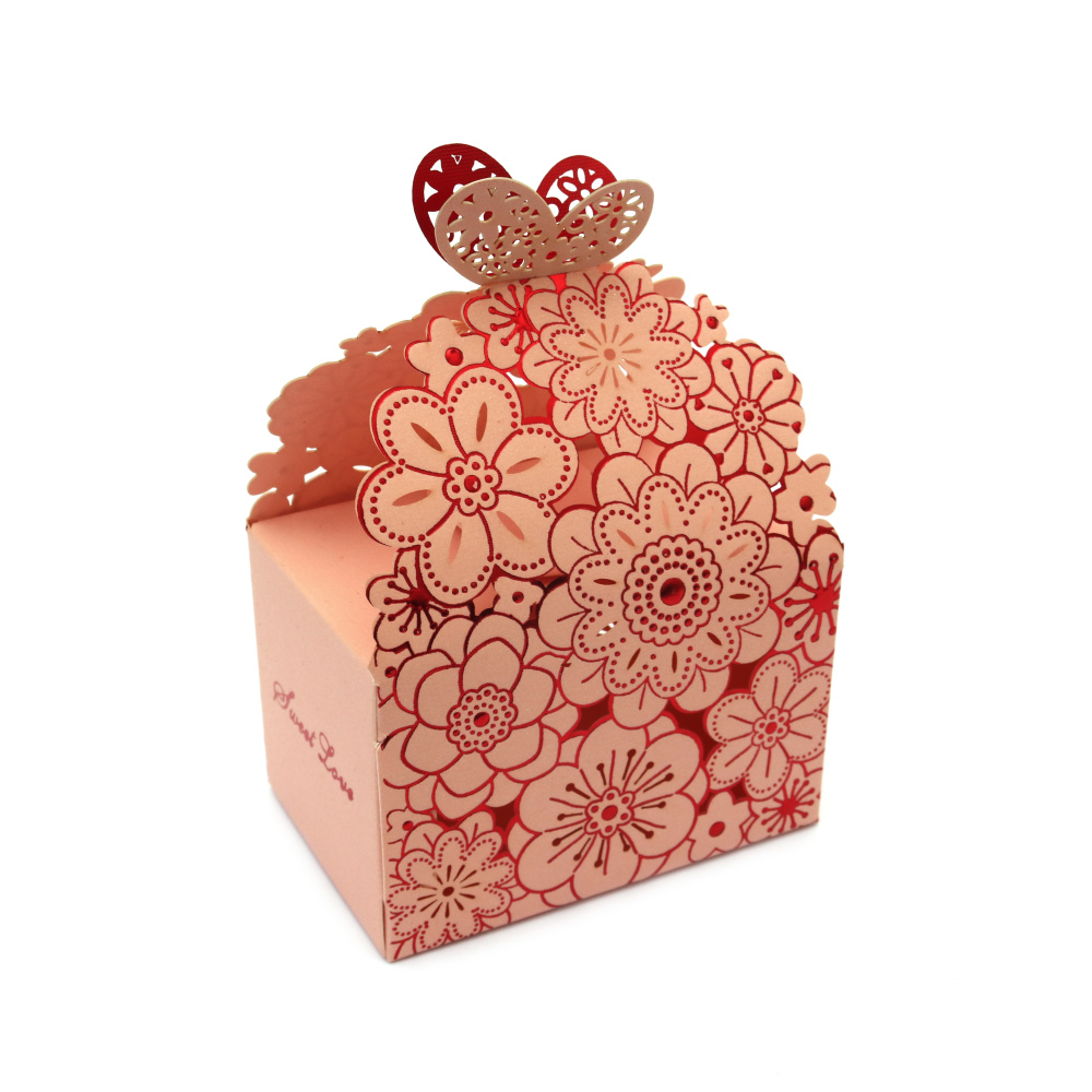 Cardboard folding gift box 9x6x11cm with flowers and a butterfly, pink color