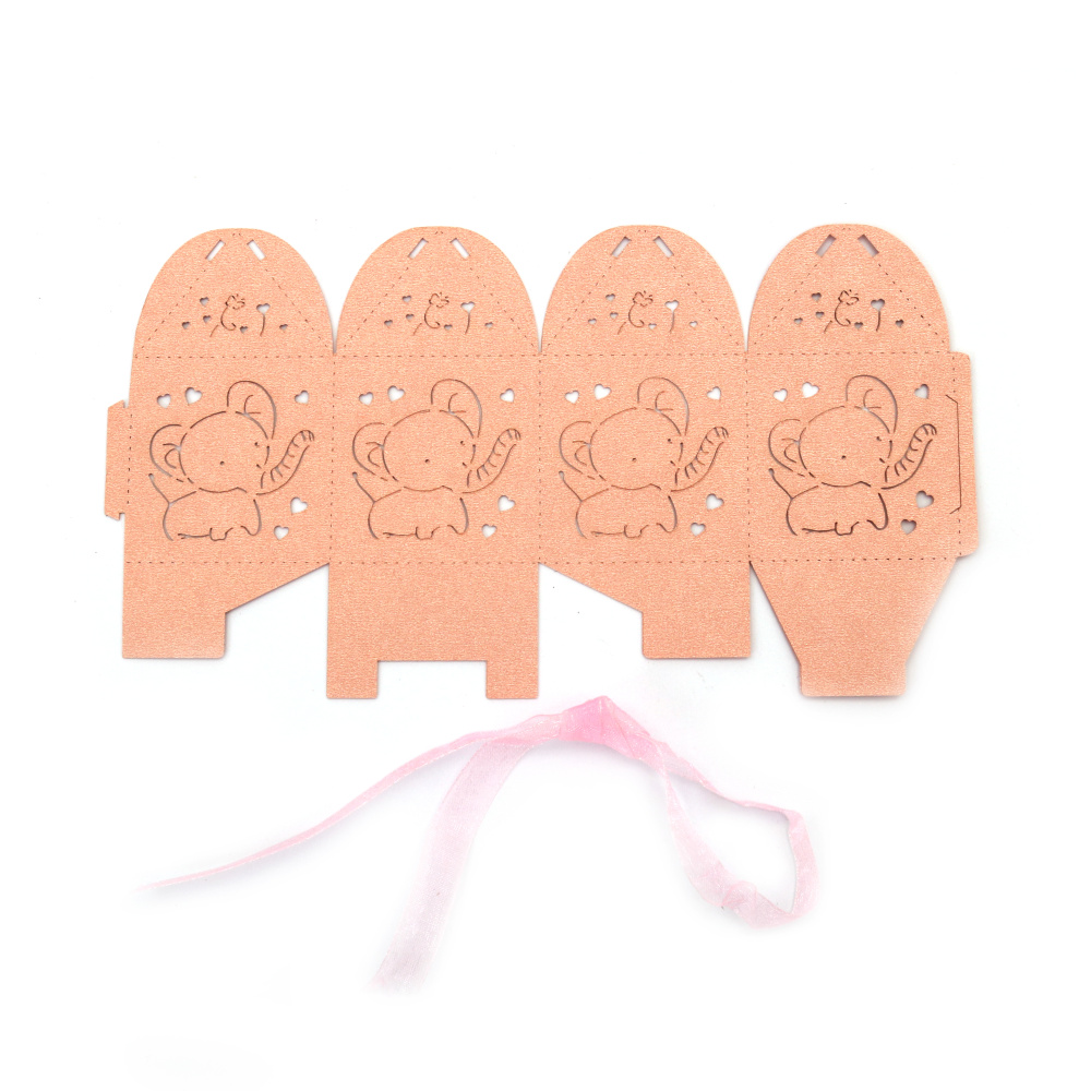 Cardboard folding box with an elephant 5x5x7.5cm pink color and ribbon
