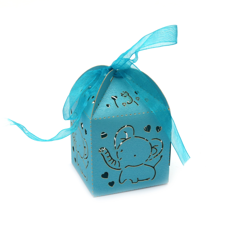 Cardboard folding box with an elephant 5x5x7.5cm color blue and ribbon
