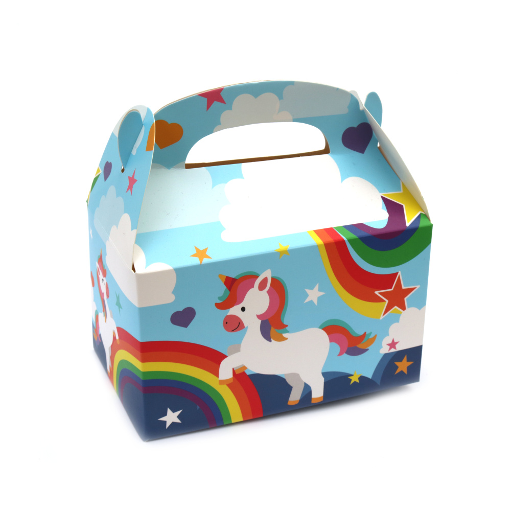 Cardboard folding gift box 16x9.7x17 cm color blue with a unicorn