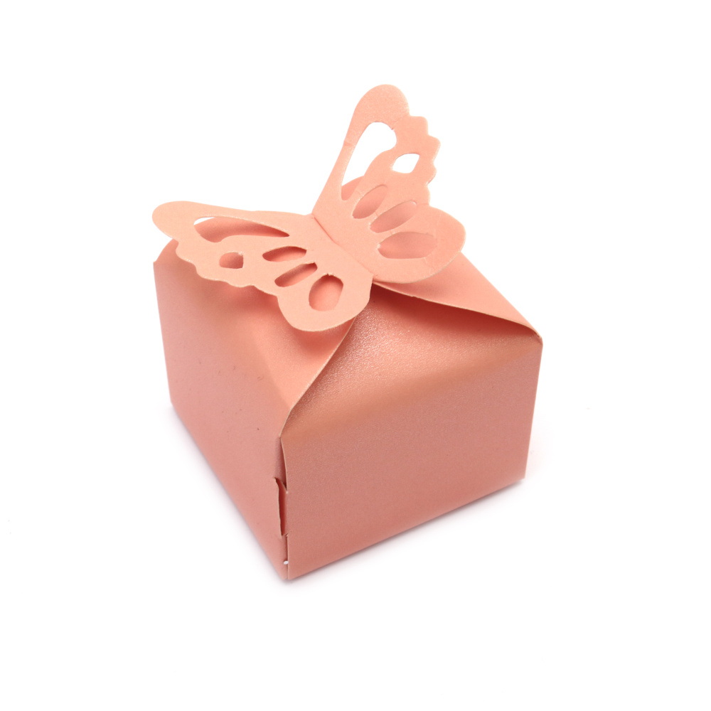 Cardboard Folding Gift Box with butterfly 6x6x5.5 cm color pearl pink