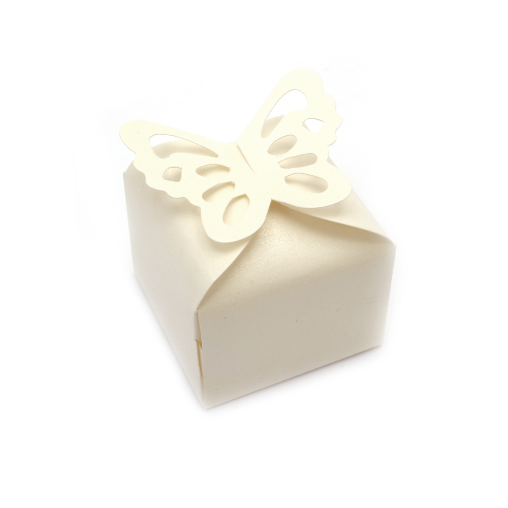 Cardboard Folding Gift Box with butterfly 6x6x5.5 cm color pearly milky white