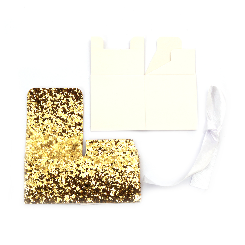 Folding cardboard box 5x5x5cm gold brocade with ribbon