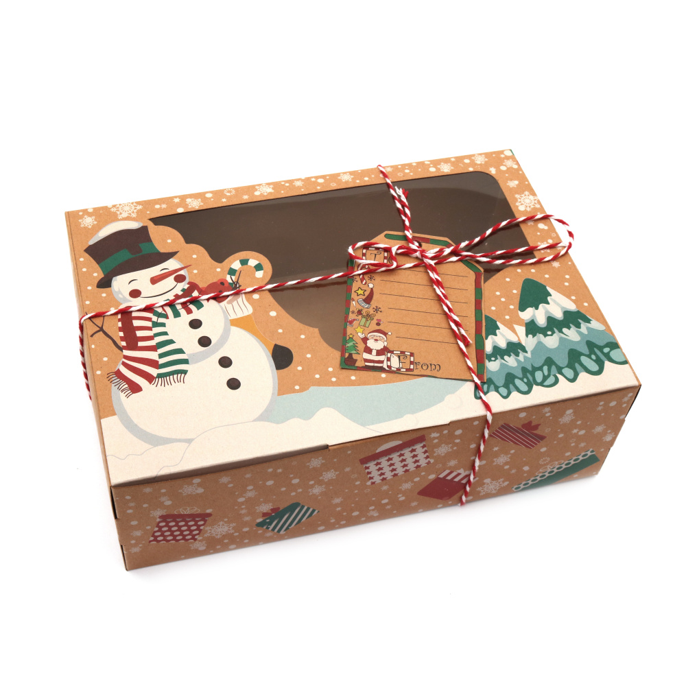 Cardboard kraft box folding with lid Snowman 22x15x7 cm with a small rope and tag