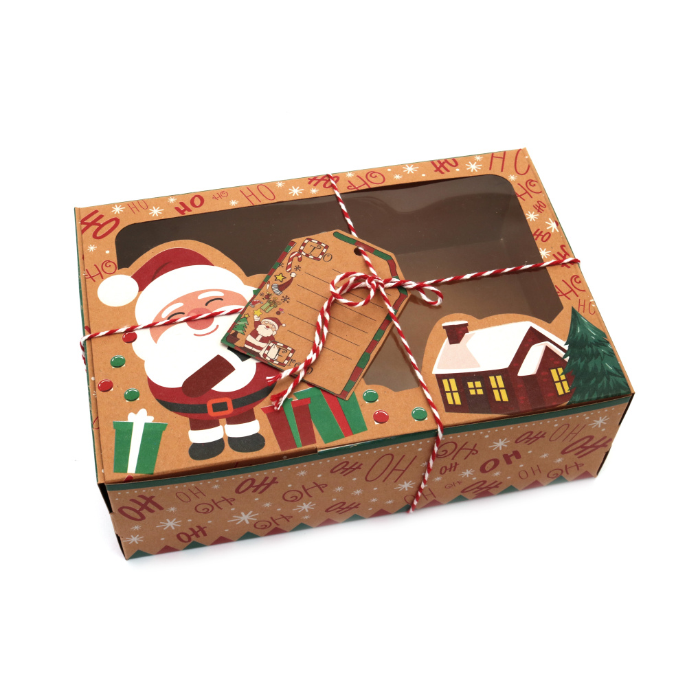 Κουτί κραφτ από χαρτόνι, πτυσσόμενο με καπάκι Άγιος Βασίλης 22x15x7 cm με κορδόνι και ετικέτα