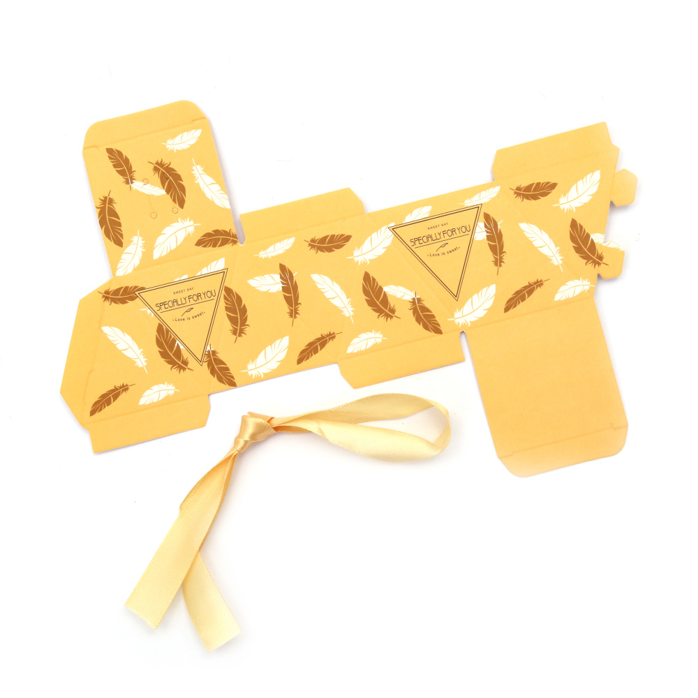 Cardboard Folding Gift Box 5.5x5.5x6 cm color yellow with feathers and ribbon