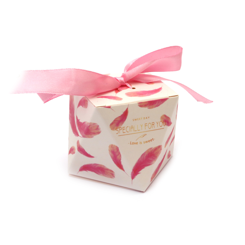 Cardboard folding gift box 5.5x5.5x6 cm color pink with feathers and ribbon