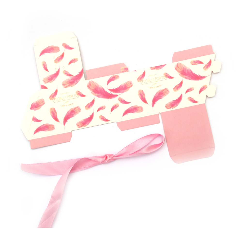 Cardboard folding gift box 5.5x5.5x6 cm color pink with feathers and ribbon