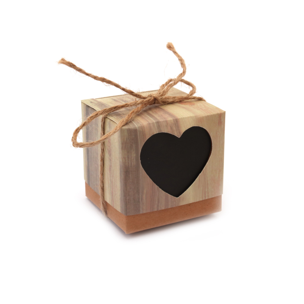 Πτυσσόμενο κουτί για δώρο από χαρτόνι 5x5x5 cm μαύρη καρδιά και σπάγγος
