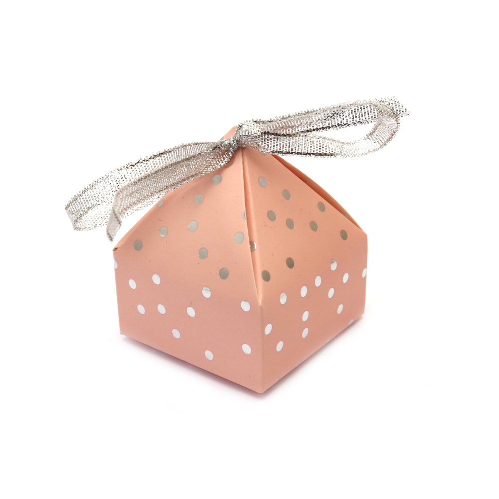 Cardboard folding box 6x6x7.5 cm pink , silver dots with ribbon