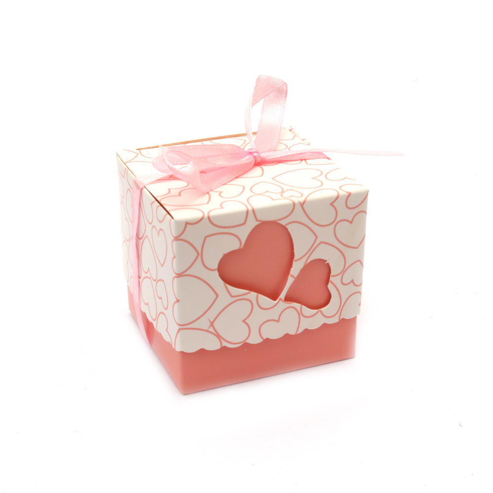 Cardboard Folding Gift Box with hearts and a ribbon 5.2x5.2x5 cm color pink