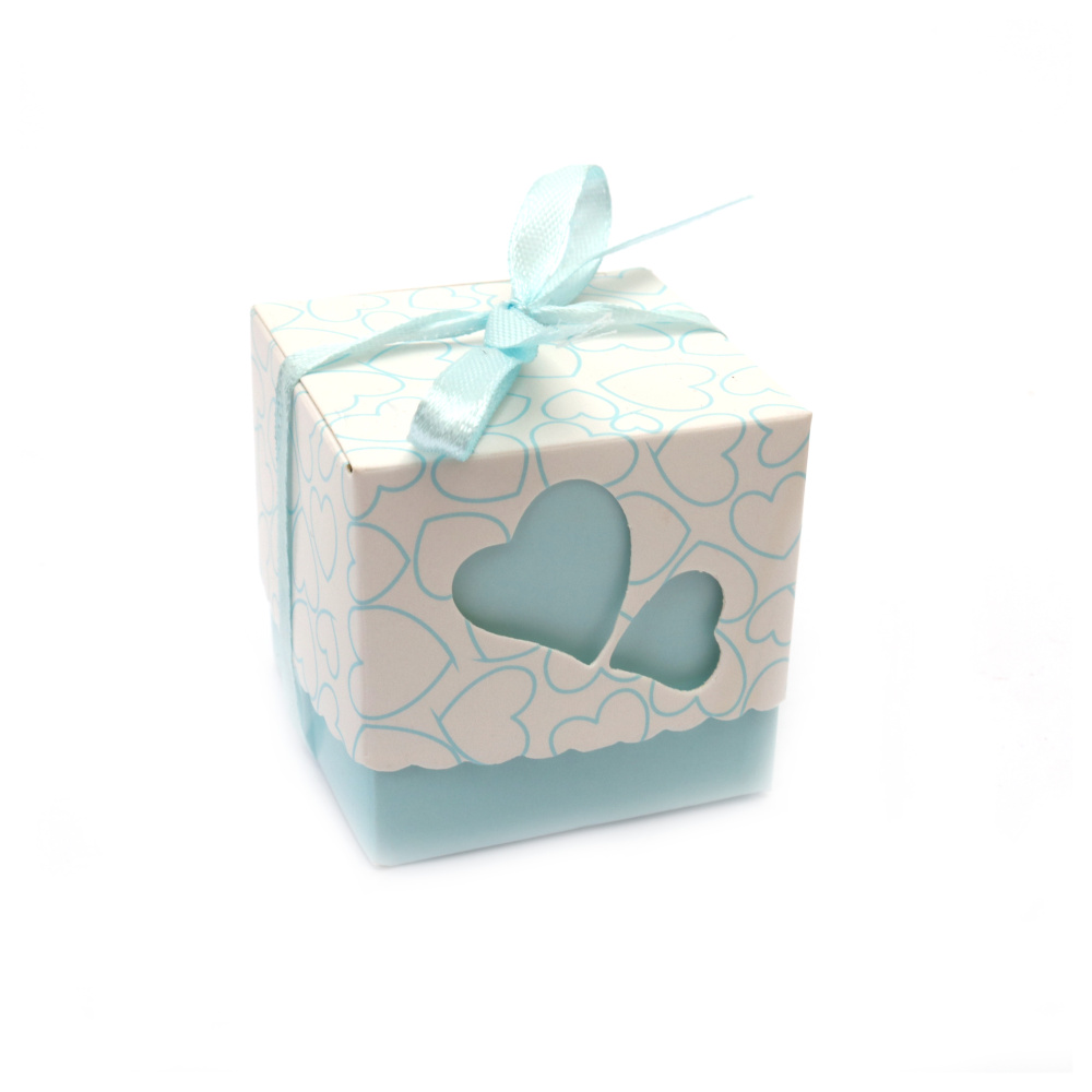 Cardboard Folding Gift Box with hearts and a ribbon 5.2x5.2x5 cm color light blue