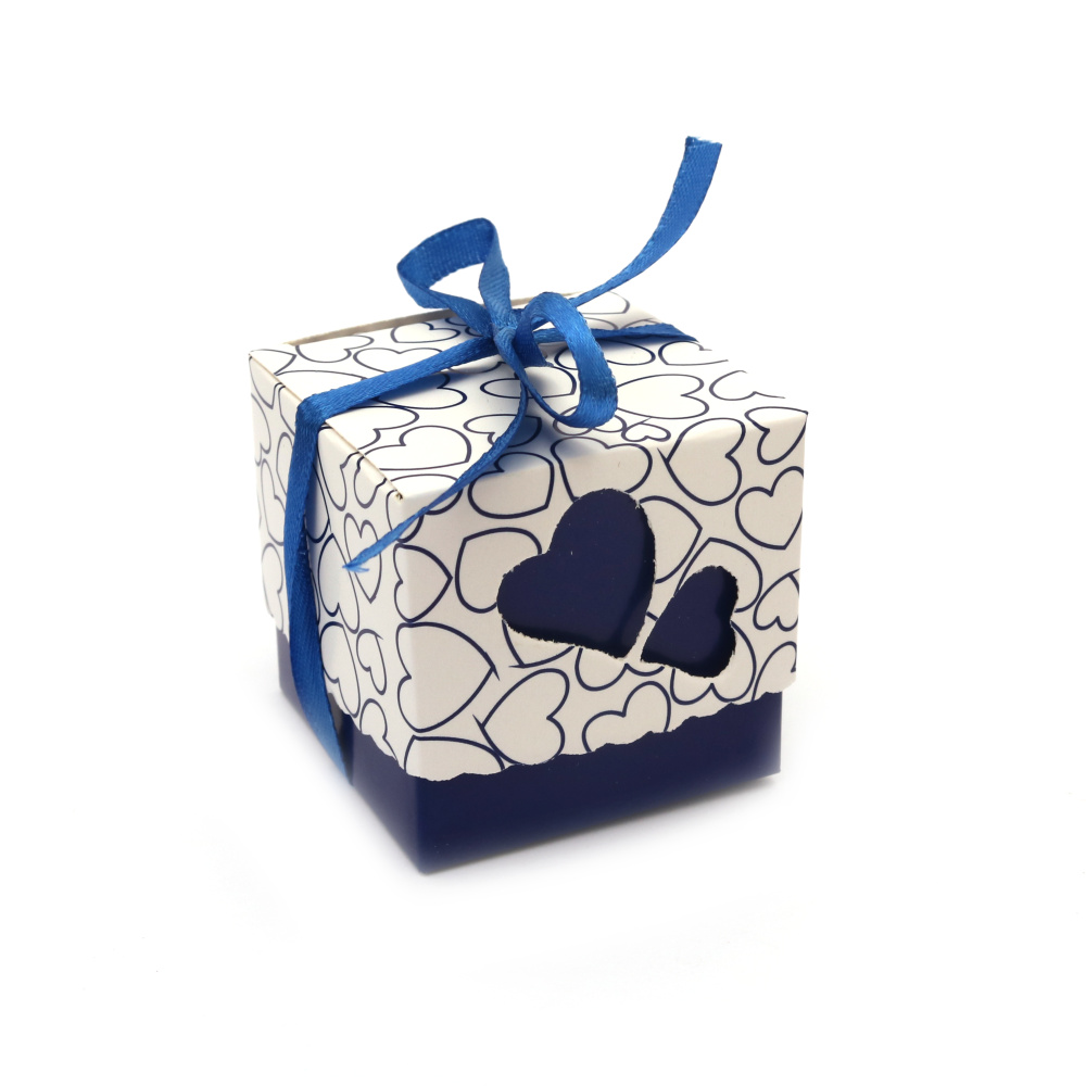 Cardboard Folding Gift Box with hearts and a ribbon 5.2x5.2x5 cm color dark blue 