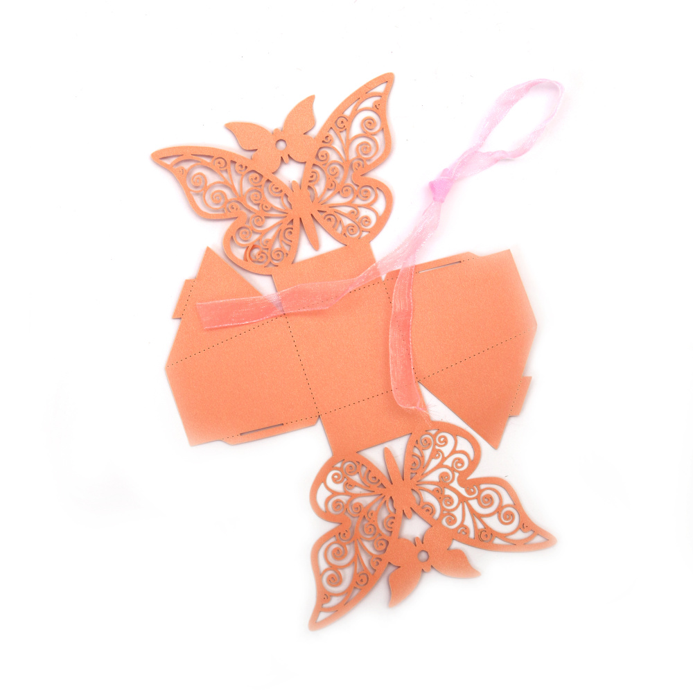 Cardboard folding box with butterfly 4.3x4.3x5.4x5.4 cm color pink with ribbon