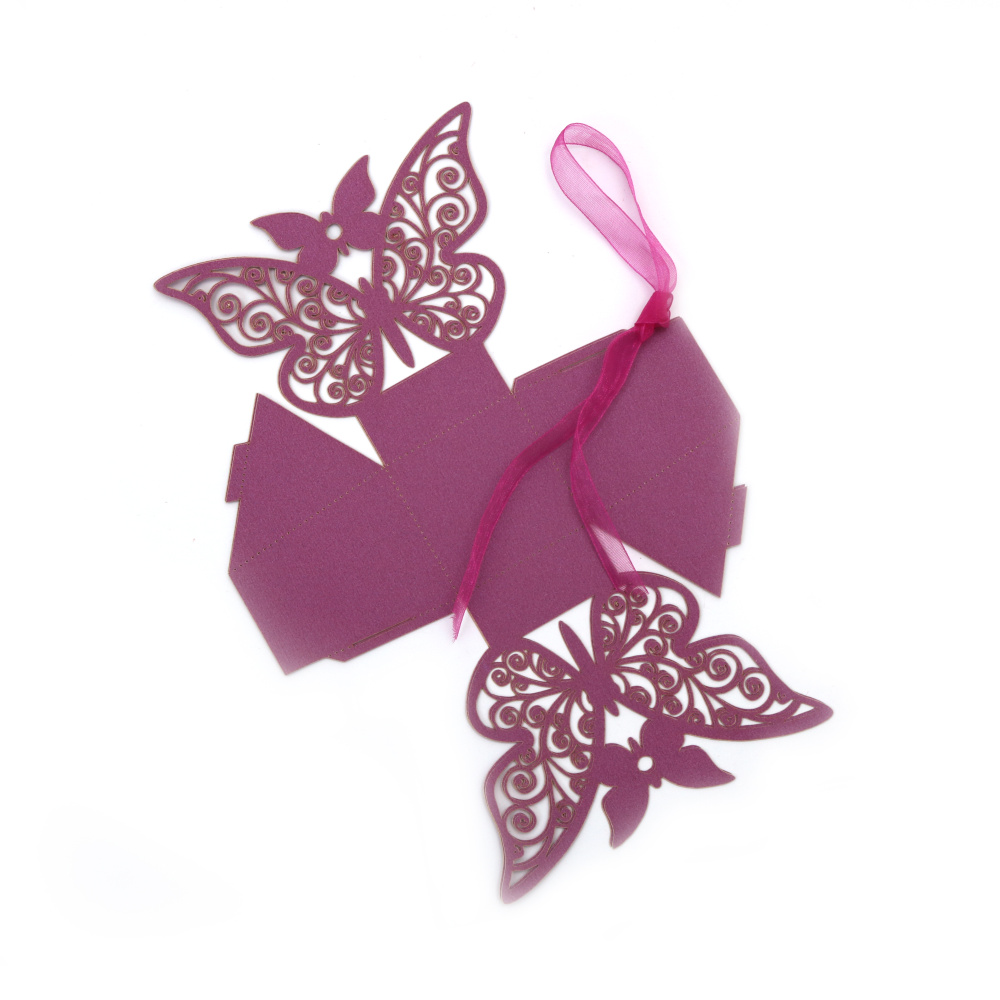 Cardboard folding box with butterfly 4.3x4.3x5.4x5.4 cm color purple with ribbon