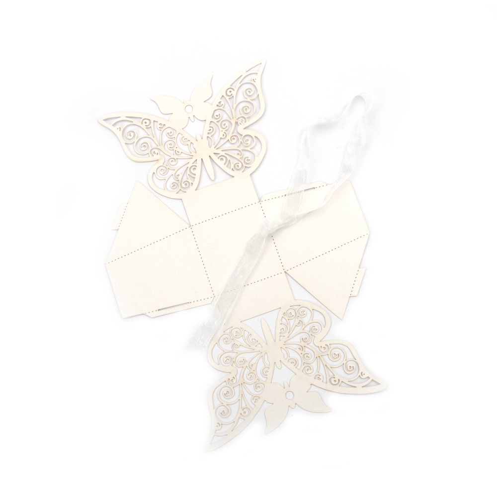 Cardboard folding box with butterfly 4.3x4.3x5.4x5.4 cm color white with ribbon