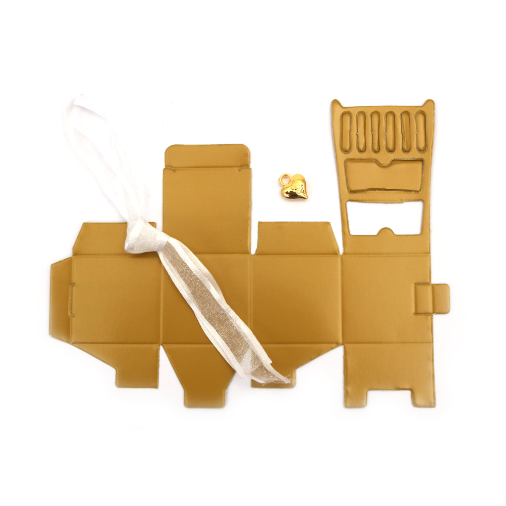 Cardboard folding chair box 4x4x11 cm gold color with ribbon and heart pendant