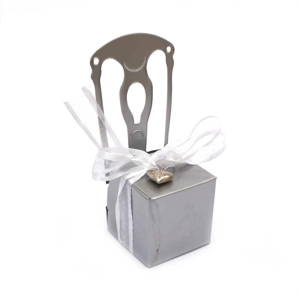 Cardboard folding chair box 4x4x11 cm silver color with ribbon and heart pendant