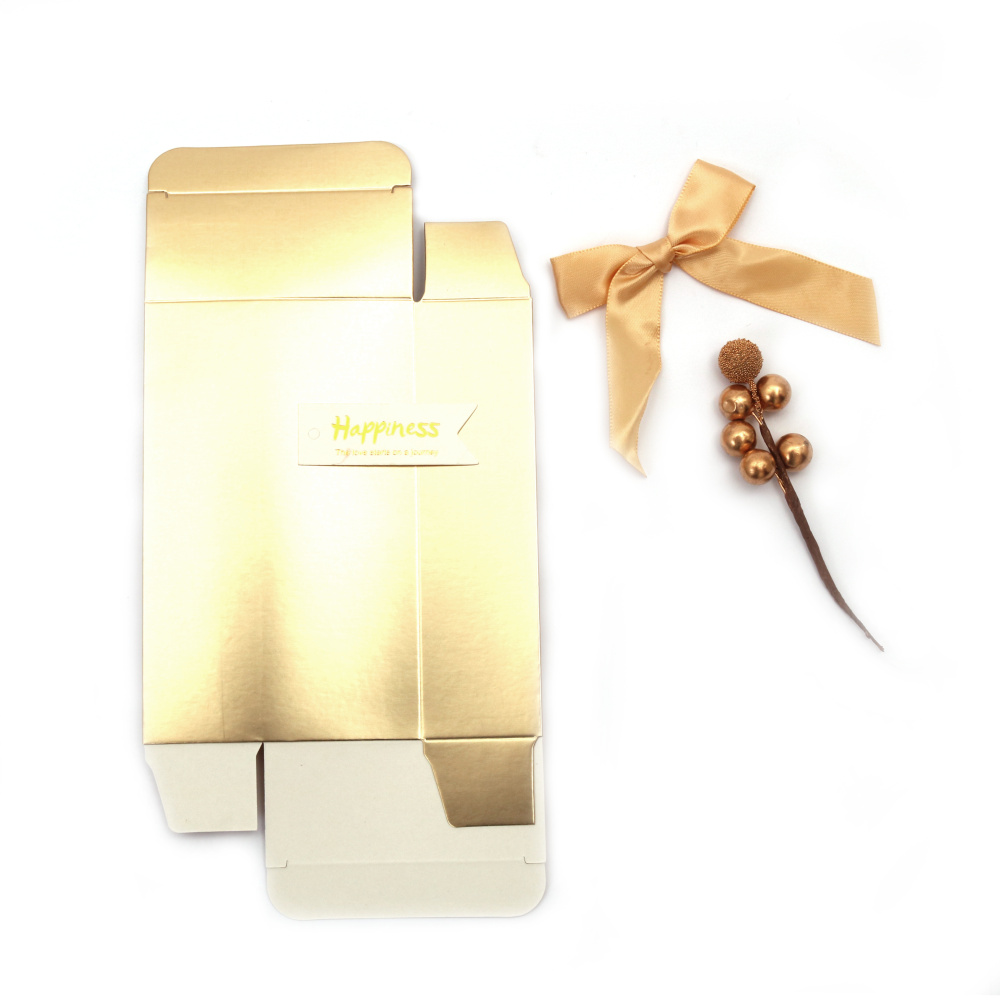 Cardboard folding gift box 13x8x3.5 cm gold color with ribbon tag and stamen