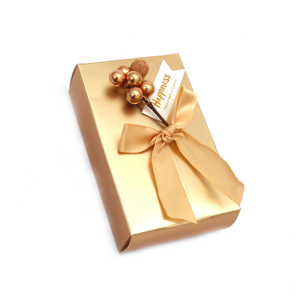 Cardboard folding gift box 11x6x3.5 cm gold color with ribbon tag and stamen