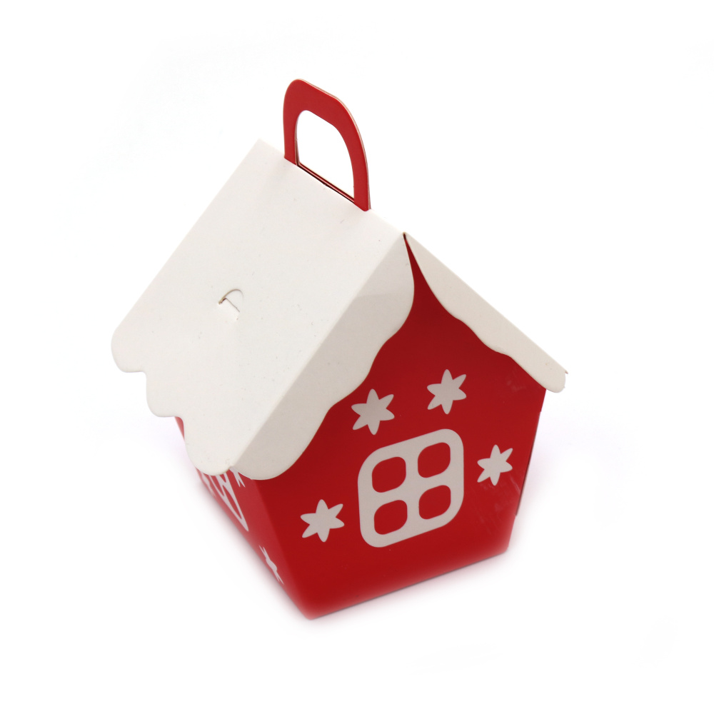 Кутия картонена сгъваема къщичка 8x6x10 см цвят червен и бял