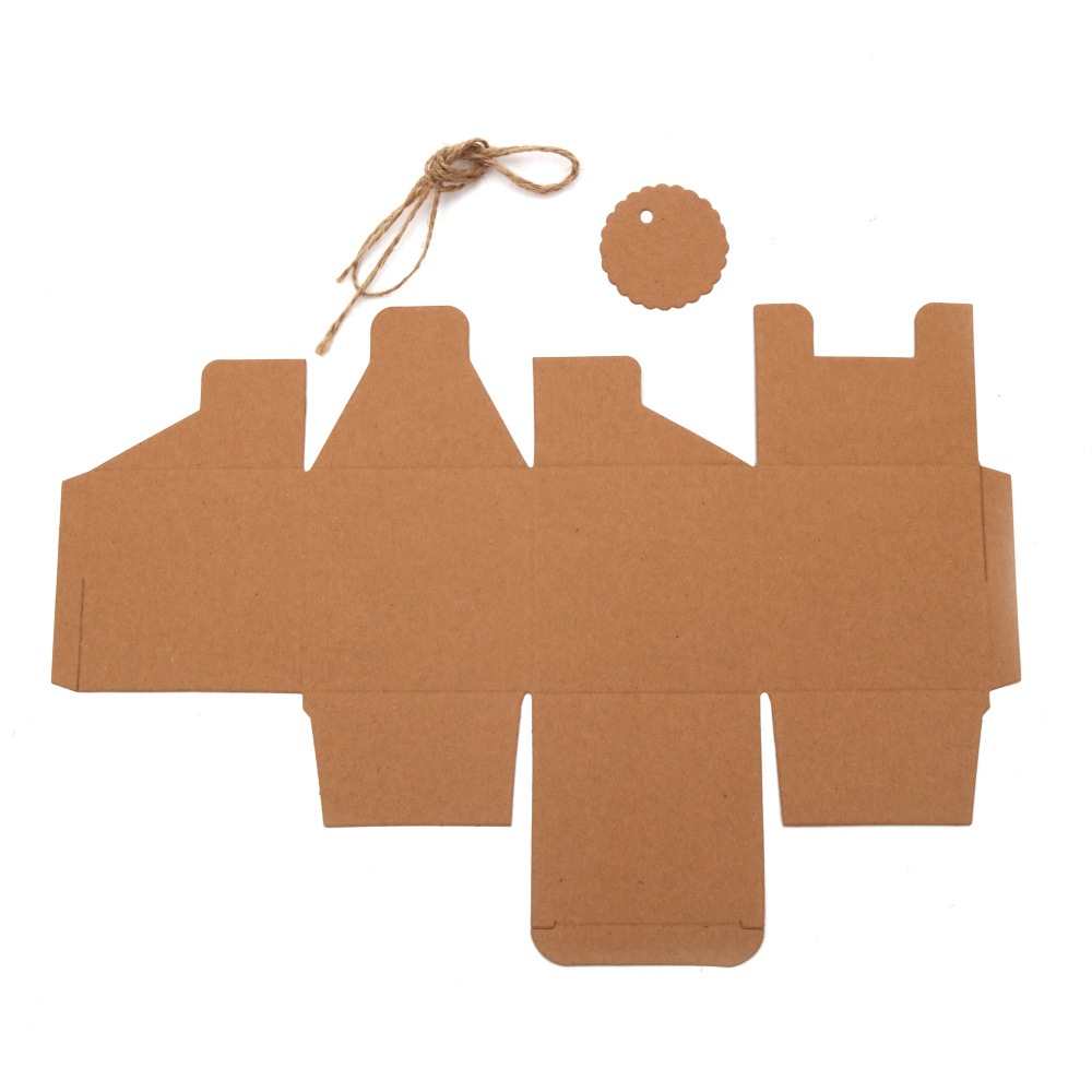 Box kraft cardboard folding square 7x7x7 cm with twine and tag