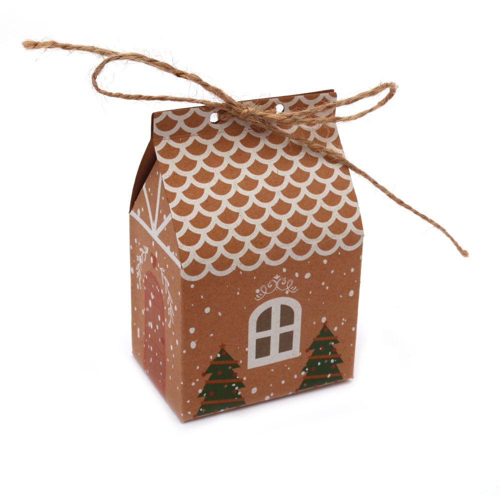 Kraft cardboard box folding Christmas house 7x5x10.5 cm with twine