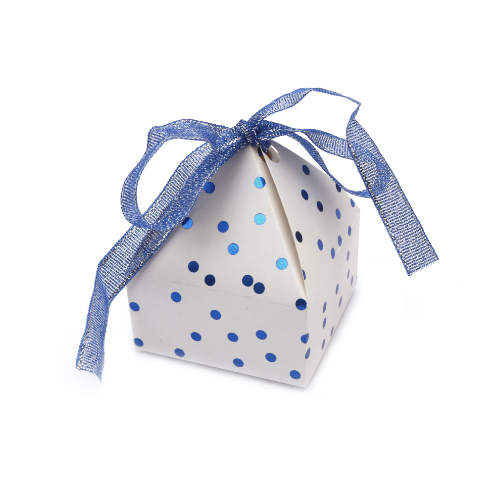 Cardboard foldable box 6x6x7.5 cm white with blue dots with ribbon