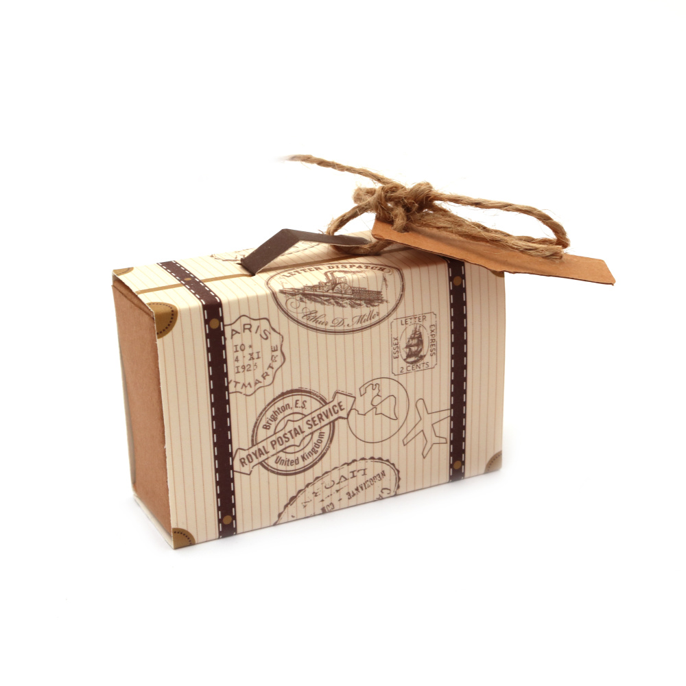 Cardboard box folding suitcase 7.5x5x2.5 cm with tag and twine
