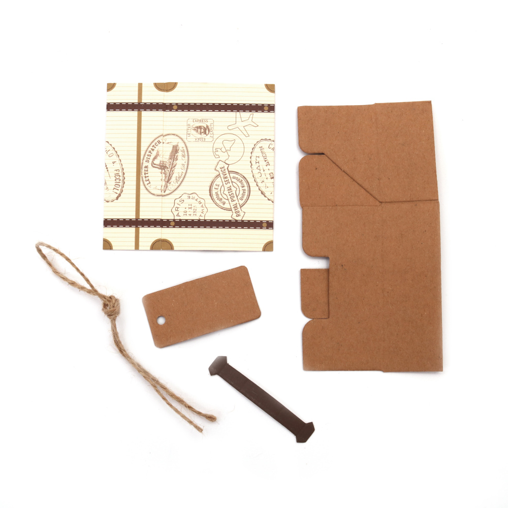 Cardboard box folding suitcase 7.5x5x2.5 cm with tag and twine