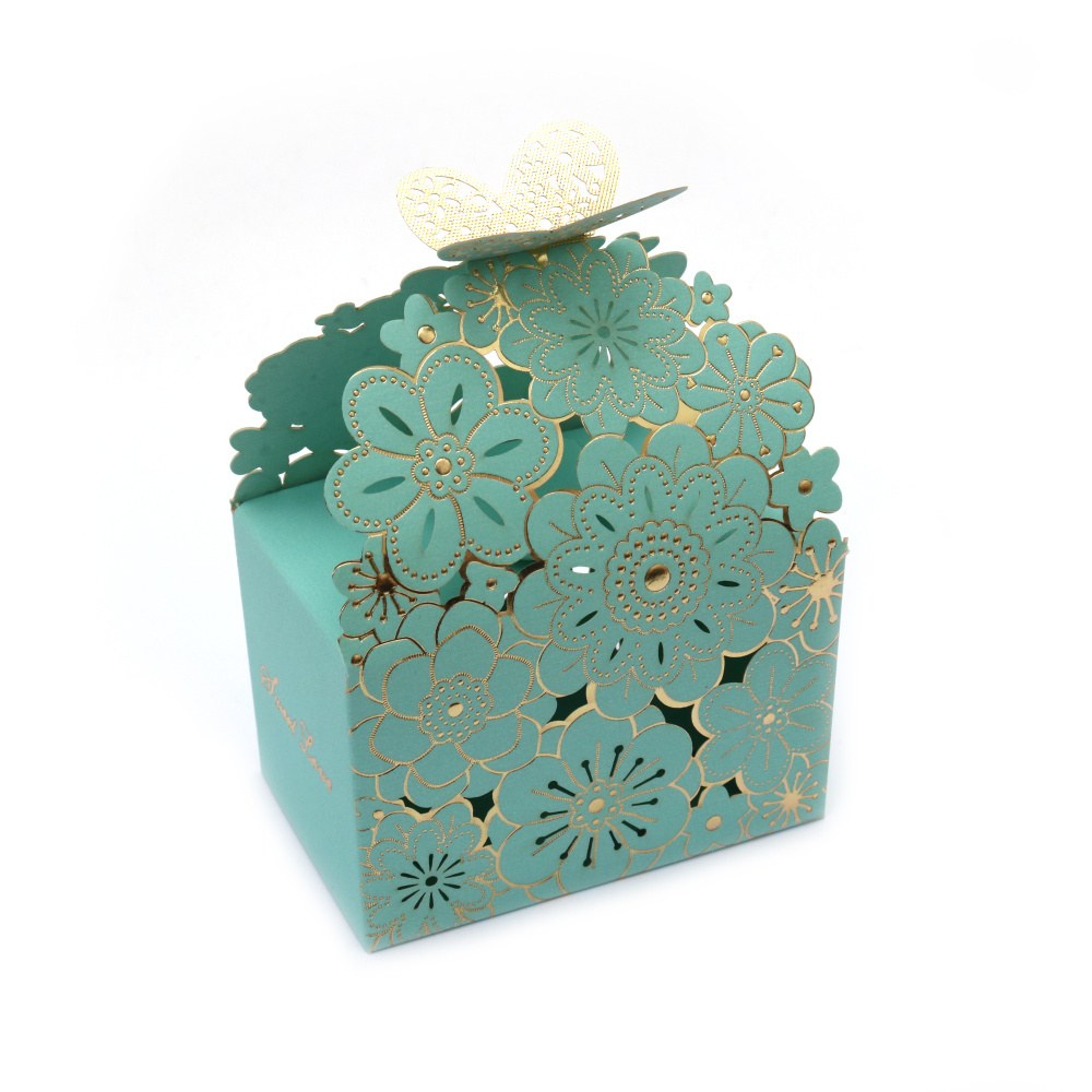 Cardboard folding gift box 9x6x11cm with flowers and a blue butterfly