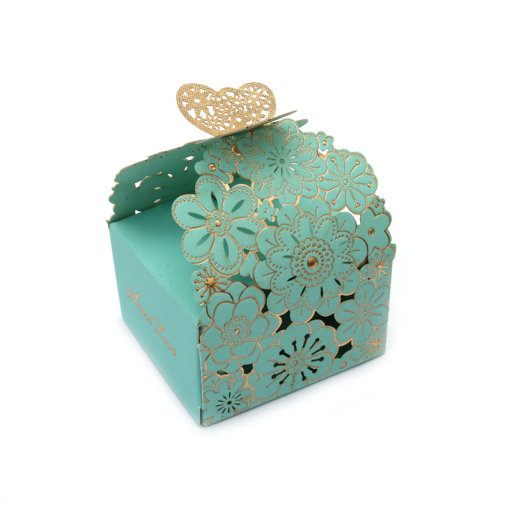 Cardboard folding box for a gift 7x6.5x8 cm with flowers and a butterfly, color blue