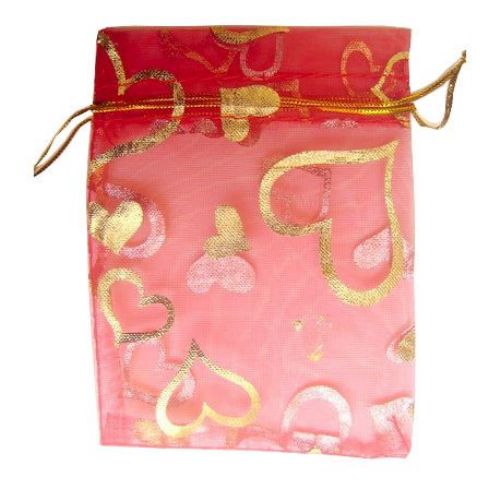 Textile Jewelry Gift Bag, 90x70 mm, Red with Gold